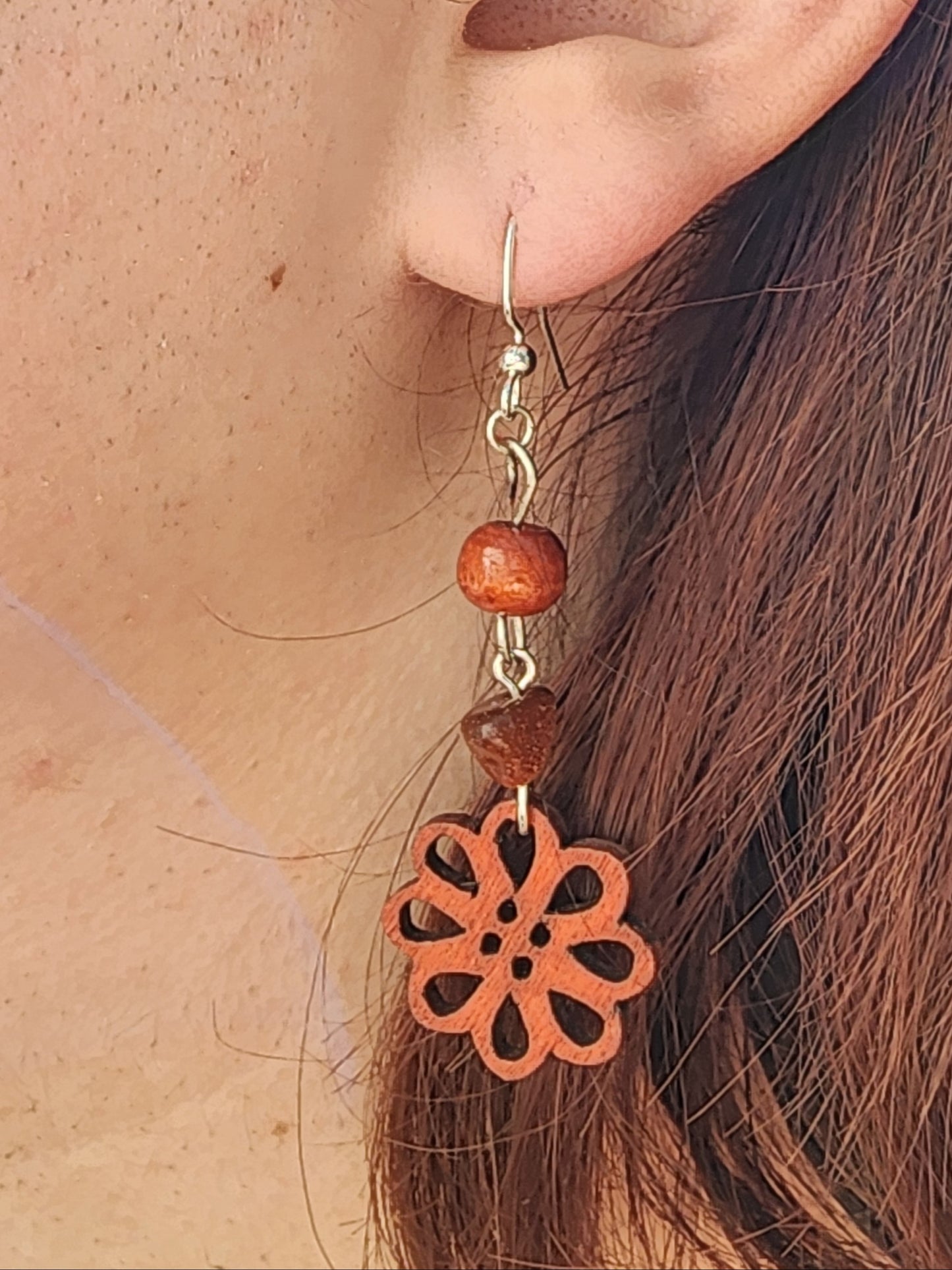 Goldstone & wood flower earrings