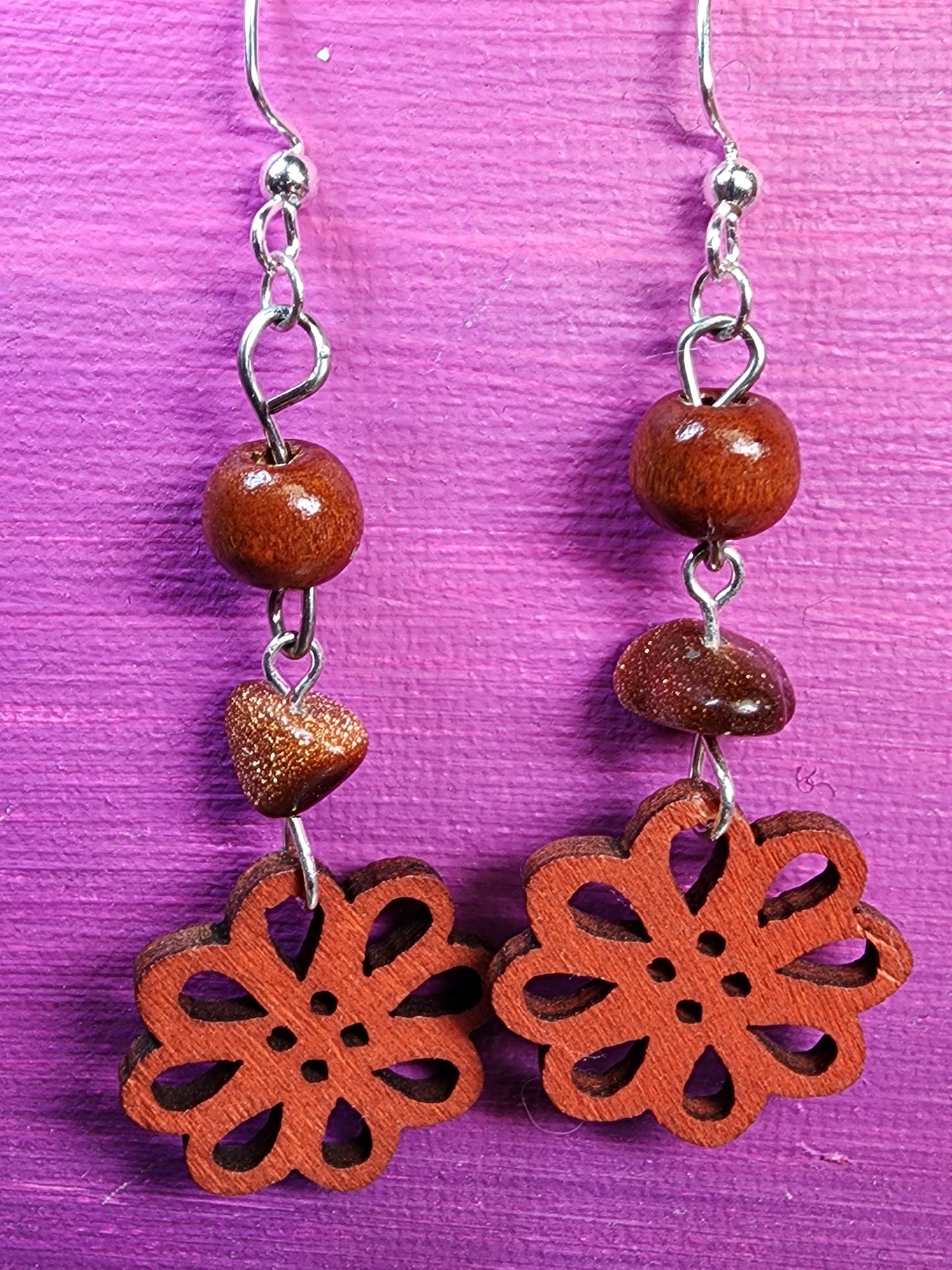 Goldstone & wood flower earrings