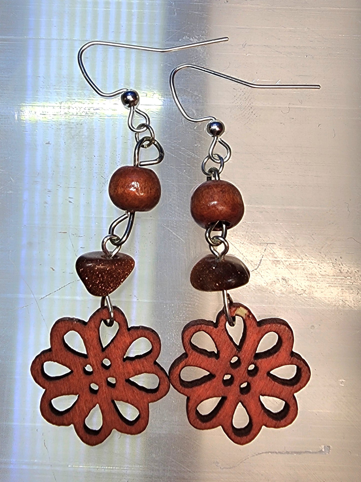 Goldstone & wood flower earrings